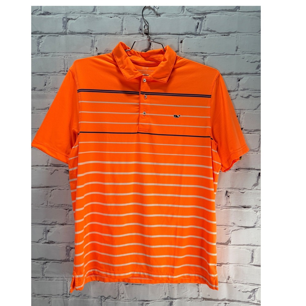 Vineyard Vines Polo Mens L Orange Performance Striped Preppy Coastal Golf Shirt - Picture 4 of 8